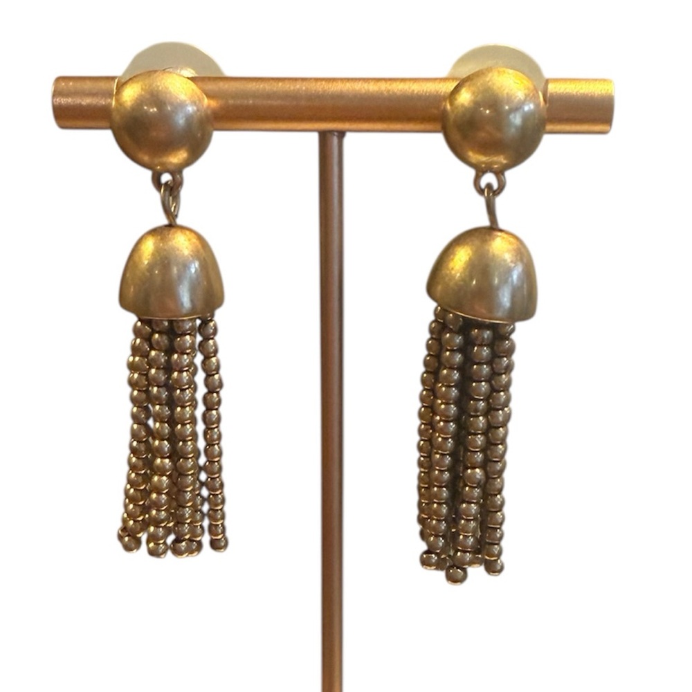 Vintage J. Crew Tassel Pierced Earrings Brushed Gold Tone Signed 2” Drop